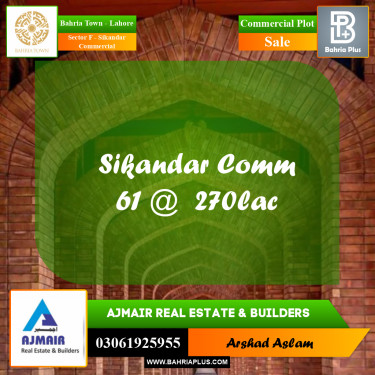 Commercial Plot for Sale in Sector F - Sikandar Commercial -  Bahria Town, Lahore - (BP-308012)