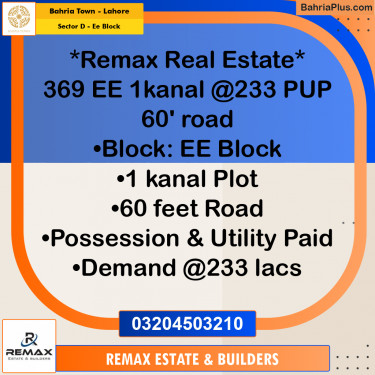 1 Kanal Residential Plot for Sale in Sector D - EE Block -  Bahria Town, Lahore - (BP-308038)