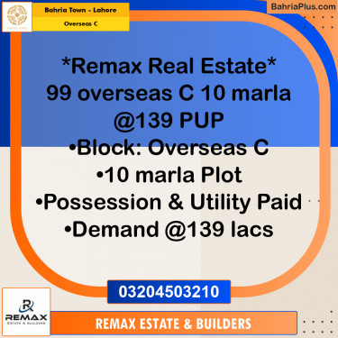 10 Marla Residential Plot for Sale in Overseas C -  Bahria Town, Lahore - (BP-308042)