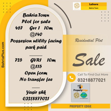 Residential Plot for Sale in Bahria Town, Lahore - (BP-308187)