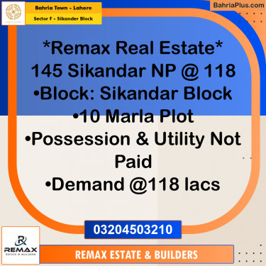 10 Marla Residential Plot for Sale in Sector F - Sikander Block -  Bahria Town, Lahore - (BP-308277)