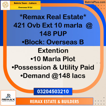 10 Marla Residential Plot for Sale in Overseas B Ext -  Bahria Town, Lahore - (BP-308332)