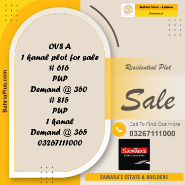 1 Kanal Residential Plot for Sale in Overseas A -  Bahria Town, Lahore - (BP-308586)