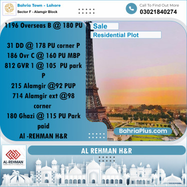 10 Marla Residential Plot for Sale in Sector F - Alamgir Block -  Bahria Town, Lahore - (BP-308668)