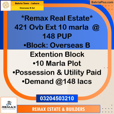10 Marla Residential Plot for Sale in Overseas B Ext -  Bahria Town, Lahore - (BP-308728)