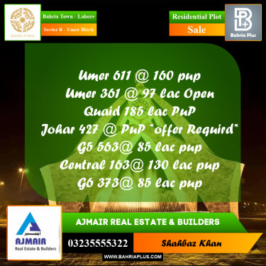 5 Marla Residential Plot for Sale in Sector B - Umer Block -  Bahria Town, Lahore - (BP-308822)