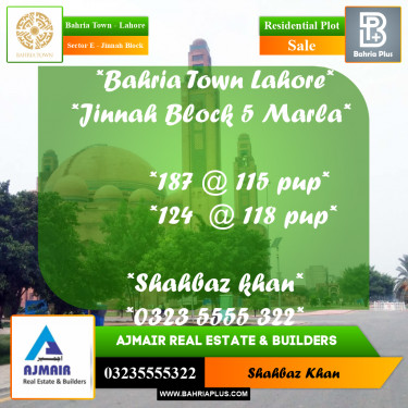 5 Marla Residential Plot for Sale in Sector E - Jinnah Block -  Bahria Town, Lahore - (BP-308823)