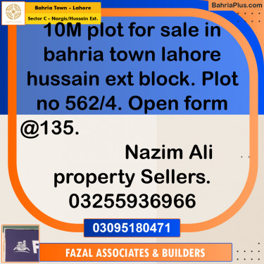 10 Marla Residential Plot for Sale in Sector C - Nargis/Hussain Ext. -  Bahria Town, Lahore - (BP-309014)