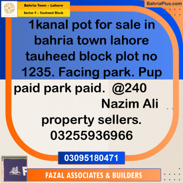 1 Kanal Residential Plot for Sale in Sector F - Tauheed Block -  Bahria Town, Lahore - (BP-309055)