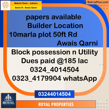 Residential Plot for Sale in Sector B - Awais Qarni -  Bahria Town, Lahore - (BP-309100)