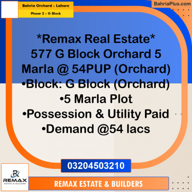 5 Marla Residential Plot for Sale in Phase 2 - G Block -  Bahria Orchard, Lahore - (BP-309135)