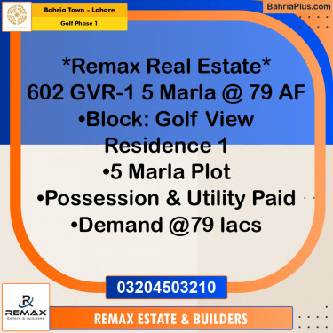 5 Marla Residential Plot for Sale in Golf Phase 1 -  Bahria Town, Lahore - (BP-309139)