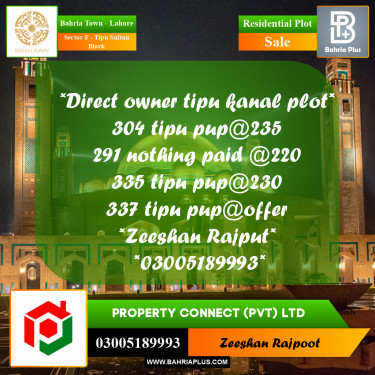 Residential Plot for Sale in Sector F - Tipu Sultan Block -  Bahria Town, Lahore - (BP-309234)