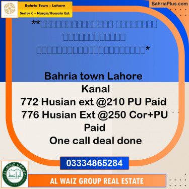1 Kanal Residential Plot for Sale in Sector C - Nargis/Hussain Ext. -  Bahria Town, Lahore - (BP-309236)