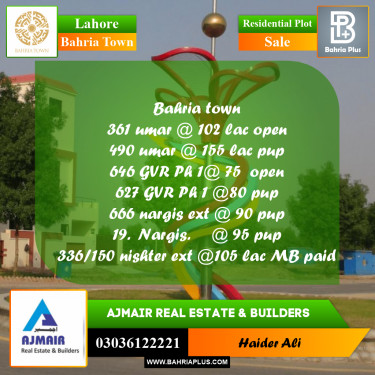 Residential Plot for Sale in Bahria Town, Lahore - (BP-309265)