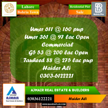 Residential Plot for Sale in Bahria Town, Lahore - (BP-309409)
