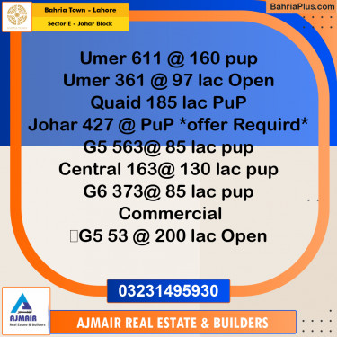 10 Marla Residential Plot for Sale in Sector E - Johar Block -  Bahria Town, Lahore - (BP-309414)
