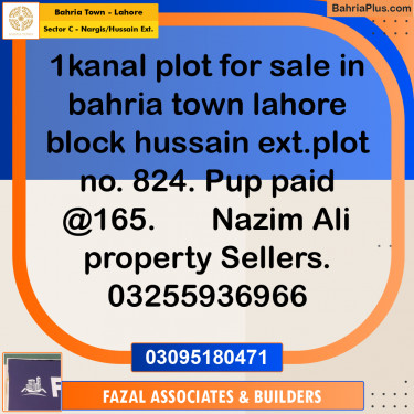 1 Kanal Residential Plot for Sale in Sector C - Nargis/Hussain Ext. -  Bahria Town, Lahore - (BP-309485)