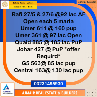 6 Marla Residential Plot for Sale in Sector B - Umer Block -  Bahria Town, Lahore - (BP-309709)