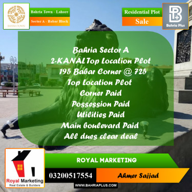 2 Kanal Residential Plot for Sale in Sector A - Babar Block -  Bahria Town, Lahore - (BP-309721)