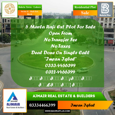 5 Marla Residential Plot for Sale in Sector E - Rafi Ext. Block -  Bahria Town, Lahore - (BP-309747)