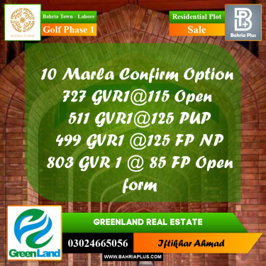 10 Marla Residential Plot for Sale in Golf Phase 1 -  Bahria Town, Lahore - (BP-309853)