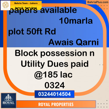 Residential Plot for Sale in Sector B - Awais Qarni -  Bahria Town, Lahore - (BP-309970)