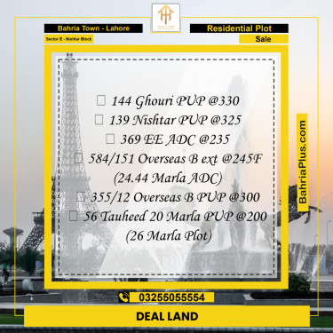 1 Kanal Residential Plot for Sale in Sector E - Nishtar Block -  Bahria Town, Lahore - (BP-310004)