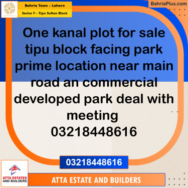 1 Kanal Residential Plot for Sale in Sector F - Tipu Sultan Block -  Bahria Town, Lahore - (BP-310045)