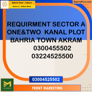 Residential Plot for Sale in Sector A - Babar Block -  Bahria Town, Lahore - (BP-310187)