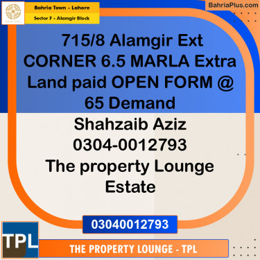 6.5 Marla Residential Plot for Sale in Sector F - Alamgir Block -  Bahria Town, Lahore - (BP-310280)