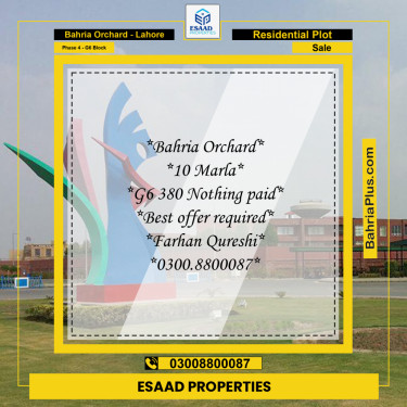 10 Marla Residential Plot for Sale in Phase 4 - G6 Block -  Bahria Orchard, Lahore - (BP-310452)