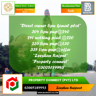 Residential Plot for Sale in Sector F - Tipu Sultan Block -  Bahria Town, Lahore - (BP-310505)