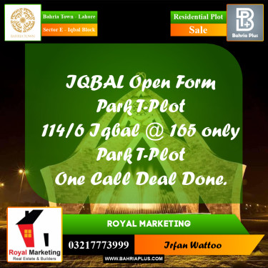 10 Marla Residential Plot for Sale in Sector E - Iqbal Block -  Bahria Town, Lahore - (BP-310509)