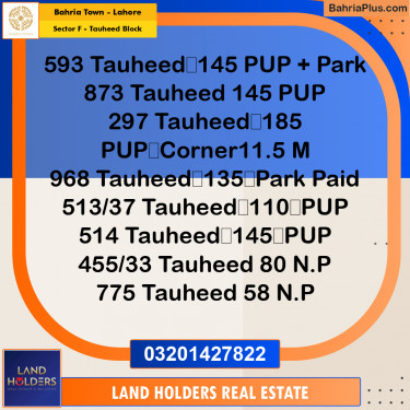 Residential Plot for Sale in Sector F - Tauheed Block -  Bahria Town, Lahore - (BP-310610)