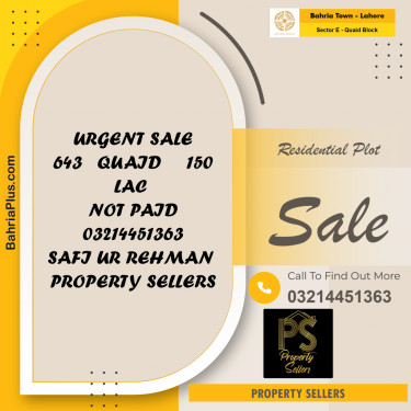 10 Marla Residential Plot for Sale in Sector E - Quaid Block -  Bahria Town, Lahore - (BP-310708)