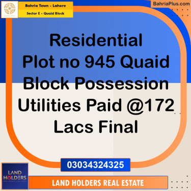 10 Marla Residential Plot for Sale in Sector E - Quaid Block -  Bahria Town, Lahore - (BP-310865)