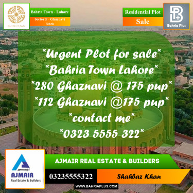 10 Marla Residential Plot for Sale in Sector F - Ghaznavi Block -  Bahria Town, Lahore - (BP-311029)