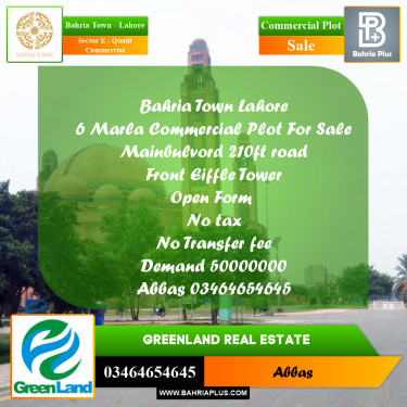 6 Marla Commercial Plot for Sale in Sector E - Quaid Commercial -  Bahria Town, Lahore - (BP-311172)