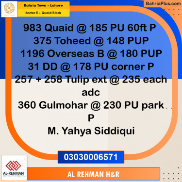 10 Marla Residential Plot for Sale in Sector E - Quaid Block -  Bahria Town, Lahore - (BP-311208)