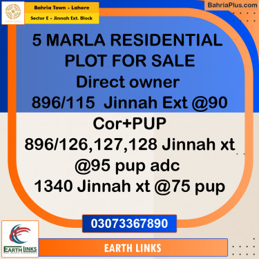5 Marla Residential Plot for Sale in Sector E - Jinnah Ext. Block -  Bahria Town, Lahore - (BP-311470)
