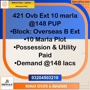10 Marla Residential Plot for Sale in Overseas B Ext -  Bahria Town, Lahore - (BP-311553)