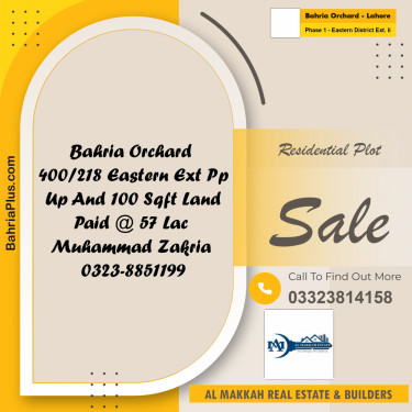 5 Marla Residential Plot for Sale in Phase 1 - Eastern District Ext. II -  Bahria Orchard, Lahore - (BP-311599)