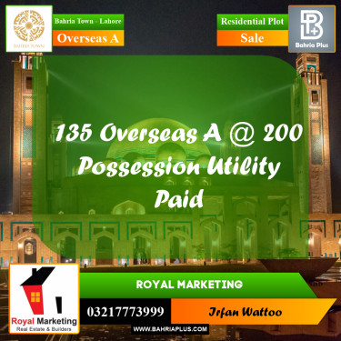 10 Marla Residential Plot for Sale in Overseas A -  Bahria Town, Lahore - (BP-311620)