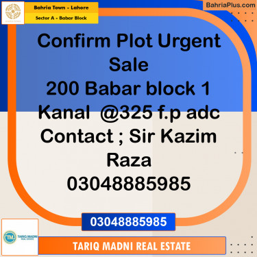 1 Kanal Residential Plot for Sale in Sector A - Babar Block -  Bahria Town, Lahore - (BP-311662)