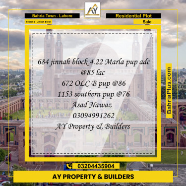 4.22 Marla Residential Plot for Sale in Sector E - Jinnah Block -  Bahria Town, Lahore - (BP-311682)