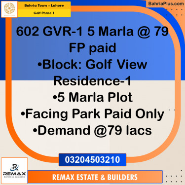 5 Marla Residential Plot for Sale in Golf Phase 1 -  Bahria Town, Lahore - (BP-311993)