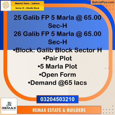 5 Marla Residential Plot for Sale in Sector H - Ghalib Block -  Bahria Town, Lahore - (BP-311996)