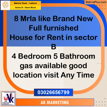 8 Marla Residential House for Rent in Sector B - Umer Block -  Bahria Town, Lahore - (BP-312200)