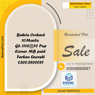 10 Marla Residential Plot for Sale in Phase 4 - G6 Block -  Bahria Orchard, Lahore - (BP-312226)